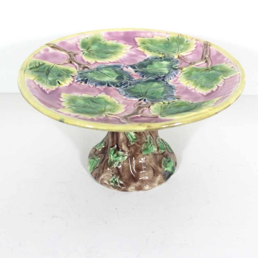 Antique Etruscan Majolica Cake Stand, Pedestal Platter, Round Pink yellow Green